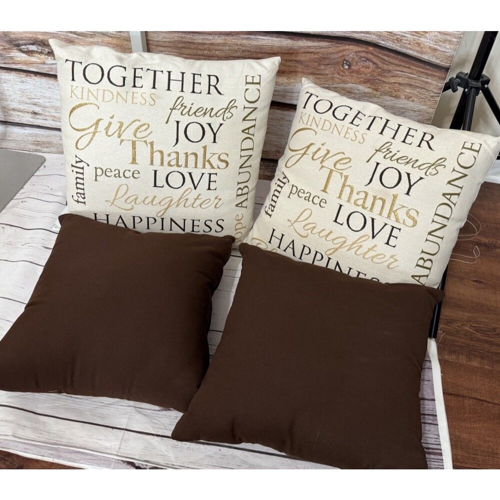 Fall Decorative Throw Pillow Lot 2 Print And 2 Brown Thanksgiving